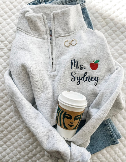 Teacher Apple Embroidered Quarter Zip